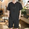 Estilo Chinês Verão Fino Algodão e Linho Casual Botão Retrô Manga Curta Camiseta Shorts Masculino Seda Gelada Conjunto Roupas de Casa Tendência
