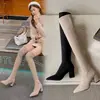 Botas Femininas Elásticas Longas Chuyuji, Botas de Salto Alto Bico Fino, Botas Femininas Cáqui Acima do Joelho, Botas Altas de Camurça