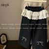 Pantalones vaqueros rectos con cintura de encaje coreano, bordados con lazo y forro polar, de color lima, de invierno, muy buenos para usar.