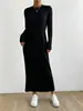 Vestido Europeu e Americano Transfronteiriço Amazon Casual Gola Redonda Tricô Saia Longa Vestido de Manga Longa Feminino Outono e Inverno