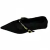 Scarpins rasos de camurça estilo coreano com bico fino e fivela de metal com elos de corrente para mulheres, novos 2025 primavera/outono versáteis de salto grosso sapatos de vovó