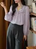 Camisa de Tencel y lino para mujer, color morado, con ribete de encaje, volantes y mangas tipo linterna, elegante top de trabajo estilo francés para otoño