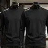 Camiseta fina de manga comprida para outono para homens, cor sólida, elástica, secagem rápida, caimento solto, casual moderno, gola redonda, segunda pele