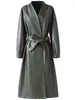 Abrigo de cuero con cordones de doble botonadura de longitud media para mujer Haining, gabardina elegante, nueva chaqueta de piel de oveja para otoño e invierno