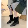 Estilo Girly Francês Laço Camurça de Couro Bovino Costura Mary Jane 2025 Inverno Salto Médio Grosso Bico Quadrado Pequeno Couro Genuíno Botas Curtas