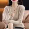 Nuevo Suéter de Punto para Mujer 2026 Otoño e Invierno, Cuello en V Simple, Color Sólido, Canalé, Ajuste Delgado, 100% Lana