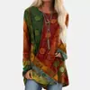2024 Roupa Europeia e Americana Transfronteiriça Amazon Estilo Étnico Retrô Camiseta Estampada Solta de Manga Longa com Gola Redonda Roupa Feminina