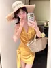 Traje de baño para mujer, de alta gama, estilo Ins 'Puro Deseo', estilo falda de una pieza amapola, popular con tirantes, de cintura alta, para vacaciones, aguas termales