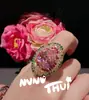 Conjunto de Jantar Joias Jardim de Monet Anel de Gema Colorida Gota d'Água Rosa Colar de Guirlanda Multicamadas Ouro Brilhante Brincos