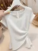 Blusa branca irregular única e bonita com vazados, rendas e fenda, camiseta de manga curta, top de verão feminino de alta qualidade