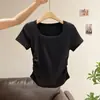 Camiseta Lisa Roxo Taro Puro Desejo com Pregas e Decote Quadrado de Manga Curta para Mulheres Verão 2025 Novo Design de Nicho Top Elegante