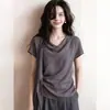 Top Gris Único y Hermoso con Mangas Murciélago para Mujer Verano Fluido Camiseta de Manga Corta con Cinta Elegante Noble Nuevo Estilo