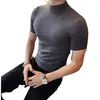 Suéter de Tricô Masculino Pulôver de Manga Curta Moda Verão Jovem 2025 Gola Alta Meia Casual Reto Cor Sólida Moda Cabelo