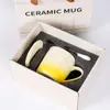 Juego de 3 Tazas con Gradiente de Fábrica con Tapa y Cuchara, Taza de Leche de Alto Valor, Taza de Cerámica para Regalo, Taza de Desayuno al por Mayor