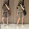 Traje Casual de Estilo Coreano para Mujer de Comercio Exterior Transfronterizo, Sudadera Rayada de Manga Corta, Adelgazante y Rejuvenecedora, Conjunto Deportivo y de Moda de Dos Piezas
