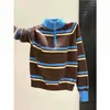 Suéter de Punto con Bloques de Color Melanoides, Cuello Medio Alto, Media Cremallera, Estilo Perezoso Otoño Invierno para Mujer, Top Rayado Holgado Adelgazante