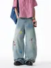 Jeans Lavados Bordados de Dibujos Animados Divertidos para Hombres y Mujeres, Otoño Marca de Moda Americana Hiphop Pantalones de Pierna Ancha, Pantalones Largos Sueltos