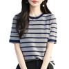 Verão Novo Tops Femininos Todo Cor Pura Tricôs de Algodão Camisetas Femininas de Manga Curta Regatas Femininas Gola Redonda Listrado Exportação Atacado