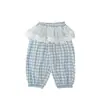 Calça de Verão Anti-Mosquito Azul e Branca Xadrez para Bebês e Crianças Pequenas Meninas com Cintura Elástica de Renda, Calça Longa Casual Respirável com Barra Ajustada