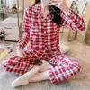 Coreia Estilo Coreano ins Xadrez Primavera e Outono Pijama Feminino Manga Longa Calça Cardigã Fofo Desenho Animado Conjunto Roupa de Casa Comércio Exterior