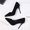 Sapatos femininos de comércio exterior, bico fino, salto agulha preto, boca rasa, para mulheres, 2024, novo estilo coreano, camurça, salto alto para mulheres