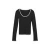 Suéter Top de Encaje Puro con Borde de Encaje Estilo Europeo Chanel Ajustado Cuello Cuadrado Manga Larga para Mujer Otoño Camisa Base de Gama Alta