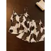 Conjunto de Pijama Camisola con Estampado de Leopardo Estilo Coreano Retro Chica Picante para Mujer, Conjunto de Ropa para el Hogar de Tirantes Finos y Shorts Casuales de Verano