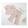 Conjunto de Duas Peças Feminino Verão Doce Listrado Novo Elegante Top de Manga Curta Elástico com Babados e Calça Flare Fina