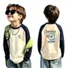 Ropa Interior de Felpa para Niños Cuello Redondo Otoño Invierno Estilo Nuevo Mediana y Grande Ropa Interior Infantil Patchwork Manga Larga Cálida Camiseta Top Cepillado