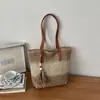 Bolsa Tote Casual Color Block Tecida em Palha Versátil Estilo Fresco Artístico Bolsa de Ombro para Viagem e Dia a Dia para Mulheres