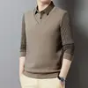 Artículo de Moda para Transmisión en Vivo de Tiktok Primavera 2025 Camisa de Punto Falsa de Dos Piezas para Hombre Cuello Camisero Manga Larga Camiseta de Punto para Padre de Mediana Edad