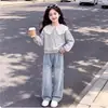 2026 Nuevo Sudadera de Manga Larga con Diseño Dopamina para Niñas de Primavera y Otoño con Lazo y Jeans Conjunto de Dos Piezas Estilo Coreano Moderno