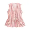 Comércio Exterior Transfronteiriço Roupas Femininas 2026 Moda Europeia e Americana Barra Estilo Saia Curta Gola V Sem Mangas Camisa Listrada Top para Mulheres A7201