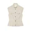 2026 Verano Nuevo Moda Callejera Femenina Europea y Americana Cruzada Chaleco de Mezcla de Lino Decorado con Bolsillo w018 1891