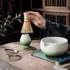 Set de Matcha al por mayor de Ocho Piezas con Tazas de Té Cerámicas Degradadas, Accesorios de Té de la Dinastía Song, Soporte para Batidor de Té, Tamiz para Polvo, Malla Filtrante, Pincel para Té