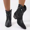 Botines Negros de Tacón Grueso para Mujer con Bordado, Cremallera Lateral, Punta Fina, Estilo Caballero, Botas para Mujer Europeas y Americanas