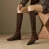 Botas de Bico Fino para Mulheres, Botas Slim Não Acima do Joelho, Novas Botas Outono e Inverno 2025, Botas de Salto Baixo, Botas Elásticas Baixas