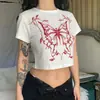 Top corto transfronterizo con estampado de mariposa roja y espinas, ajustado, adelgazante, que expone la cintura, camiseta corta, estilo nicho retro de chica hot