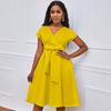 Amazon Estación Independiente Verano Cuello V Color Puro Lazo Cintura Europeo y Americano Falda Vestido Grande Acampanado Vestido Transfronterizo
