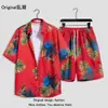 Camisa de verão com estampa total de meia manga, shorts de manga curta, calças curtas, terno casual de duas peças, moderno, simples, estudante masculino