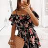 2021 AliExpress Amazon Europa y América Vestido Sexy de Tirantes Estampado con Hombros Descubiertos y Cintura Fruncida 012#