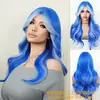 Peruca Cruzada de Moda de Paris para Mulheres com Franja Cheia, Touca Completa, Mechas Coloridas Azul Céu, Cabelo Longo Cacheado