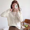 Suéter de tricô bordado com borboleta branca para mulheres, novo estilo primavera e outono 2026, solto e casual, manga longa, blusa de tricô fina
