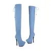 Botas Europeas y Americanas de Encaje Trasero Hasta la Rodilla Primavera y Otoño de Mezclilla Sin Pantalón Botas Tacón Fino Botas de Mujer Escenario de Agua Tienda Nocturna