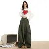 Jeans de Workwear Retrô Americano para Mulheres, Novo Design Outono e Inverno, Bolsos Assimétricos, Silhueta Tridimensional, Calças Casuais de Perna Larga