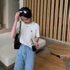Camiseta de Punto Bordada con Corazón para Mujer, Estilo Coreano de Verano, Diseño Bordado, Manga Corta, Tejido de Punto Trenzado, Top Corto