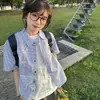 Camisa Plaid Azul de Manga Curta Verão 2025 Feminina Popular Casual Camisa Plaid Cardigan para Ir ao Trabalho Feminino