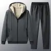 Conjunto de sudadera con cárdigan de lana de cordero para hombres de mediana edad y mayores, sudadera con capucha casual de forro polar engrosado para otoño e invierno