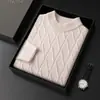 Suéter 100% lana pura para hombre, base de punto jacquard rombos cuello redondo, nuevo suéter de lana versátil para hombre