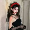 Diadema Corona Negra con Velo Gótico de Halloween para Mujer, Diadema Elegante de Rosa de Alta Gama, Vestido de Fiesta Festivo